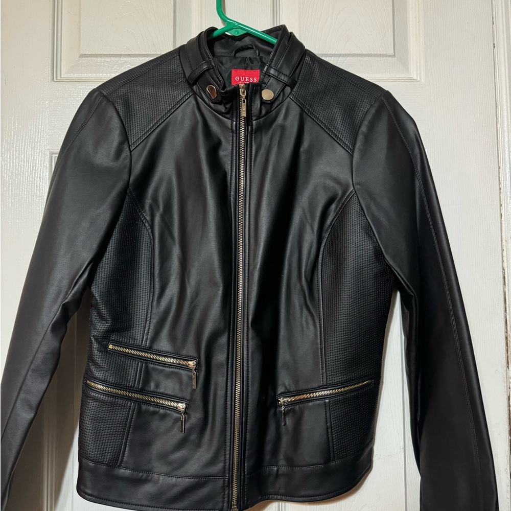 Guess Black Leather Jacket Fitted Silhouette Waist-Length